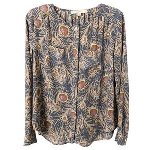 Ann Taylor Loft Women's Peacock Feather Button Up Long Sleeve Blouse Size XS